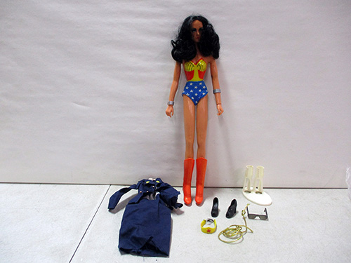 image of 1970s Mego Wonder Woman Doll with Accessories and Stand