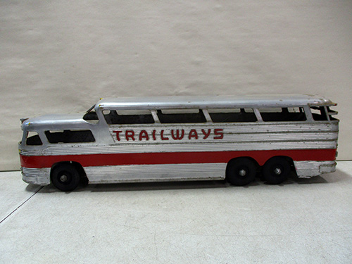 image of Trailways Toy Bus with Silver and Red Detailing