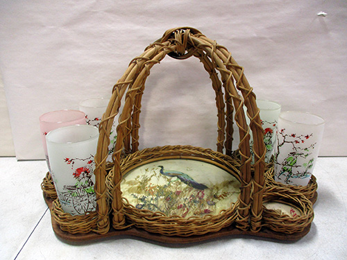 image of Japanese Wicker Basket with Four Painted Glasses