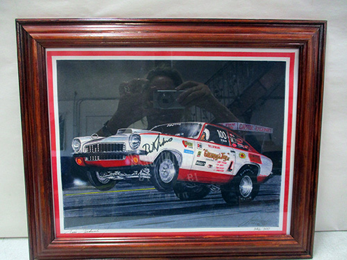 image of Signed Bruce Larson Drag Racing Print in Wooden Frame