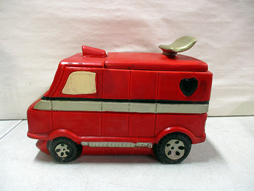 image of Red ceramic van-shaped cookie jar