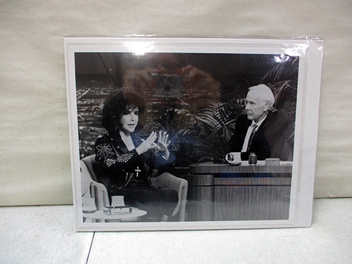 image of Elizabeth Taylor on Johnny Carson Black-and-white TV show photo in plastic sleeve