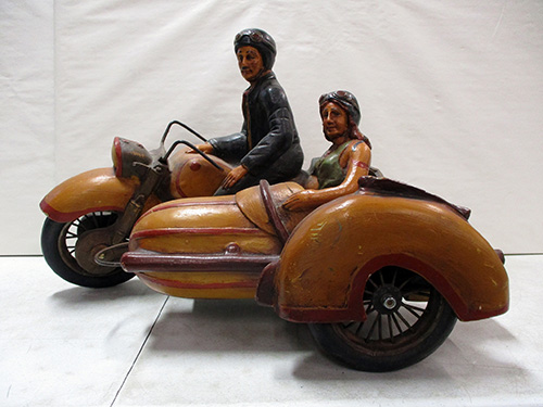 image of Carved Wooden Iron Motorcycle with Sidecar Sculpture