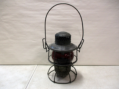image of PRR Metal Railroad Lantern with Red Glass Globe