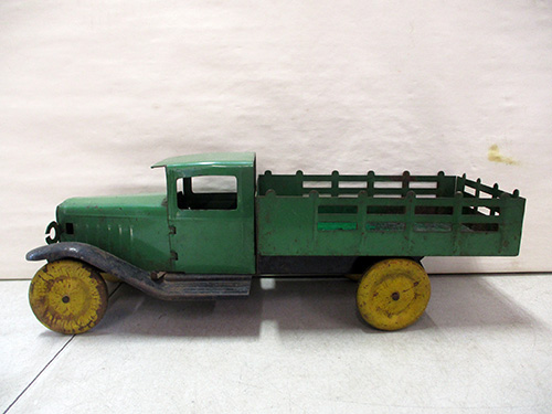image of Wynadotte Green Pressed Steel Toy Truck with Yellow Wheels