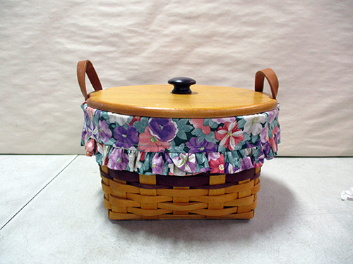 image of Longaberger Picnic Basket With Wooden Lid and Floral Fabric Accent