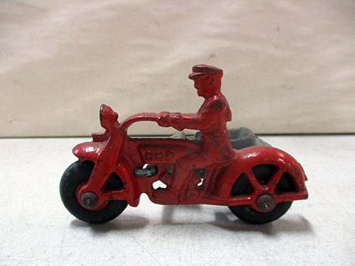image of Cast Iron Red Police Motorcycle Toy with Rider